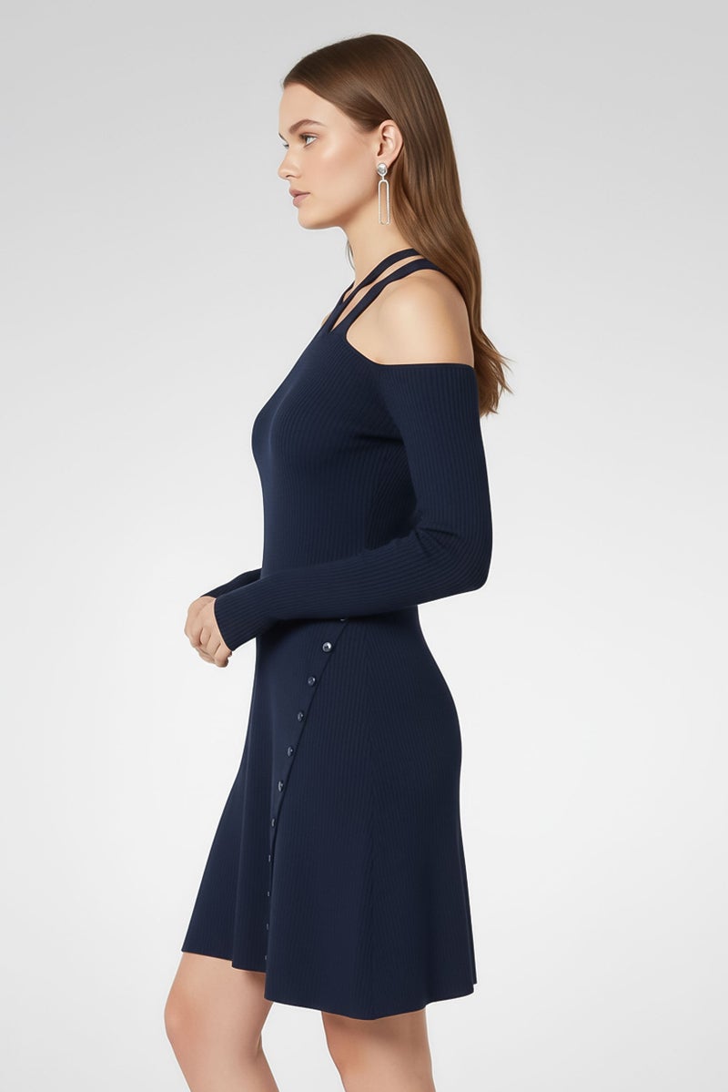 PINKO فستان نسائي بتصميم A-Line مع حواف مضلعة، أزرق داكن - Image 3